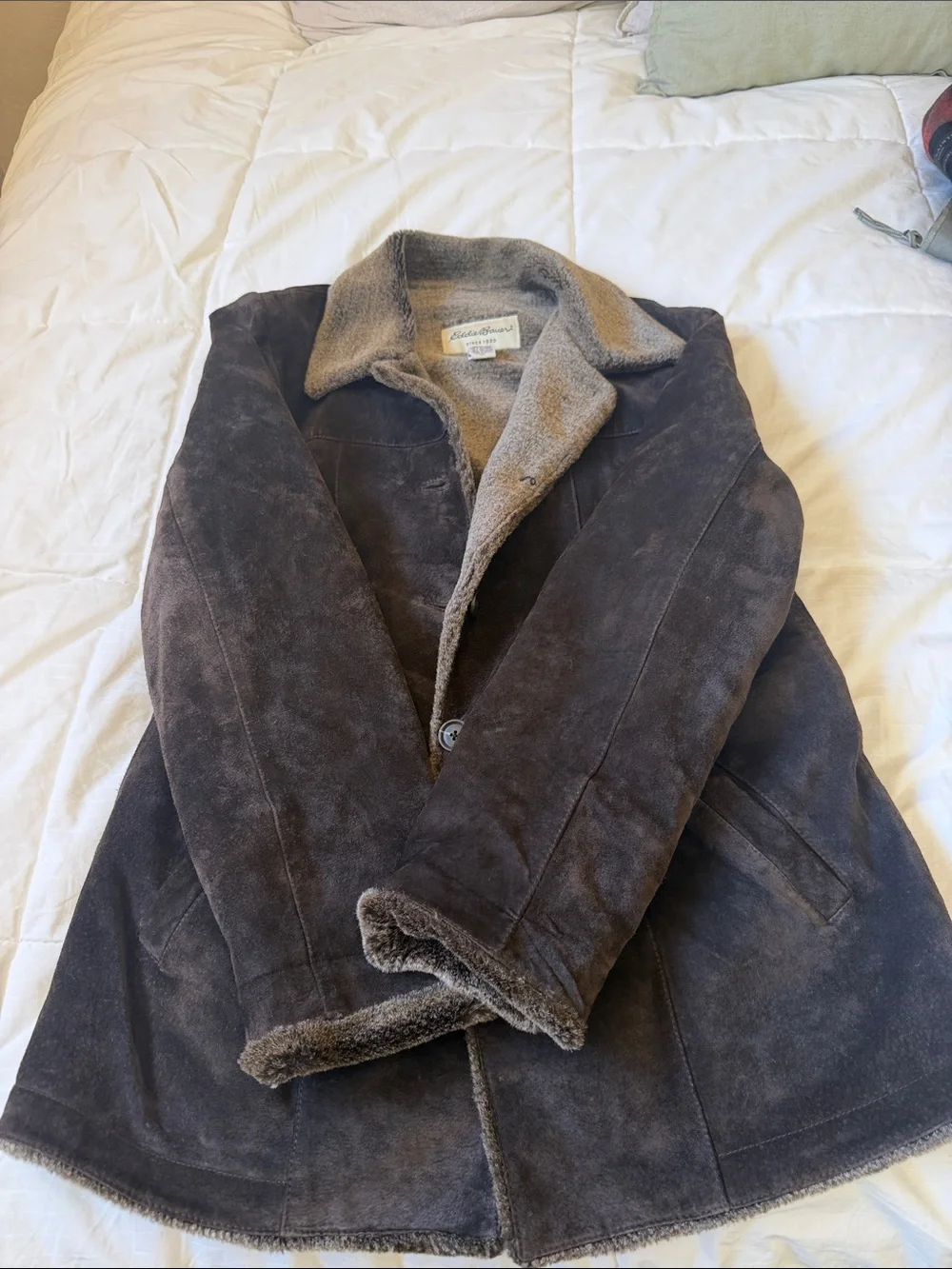 Eddie Bauer Brown Suede Pea Coat with Gray Sherpa Collar